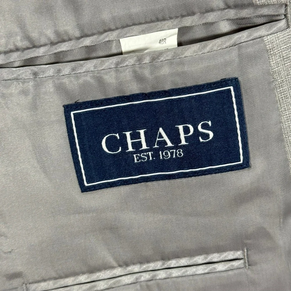 Chaps Mens Light Gray Sharkskin Two Button Blazer Sport Coat 48R